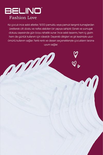 BELİNOPLUS Girl's Plain White Color Combed Cotton Lycra 6 Pack Rope Strap Undershirt