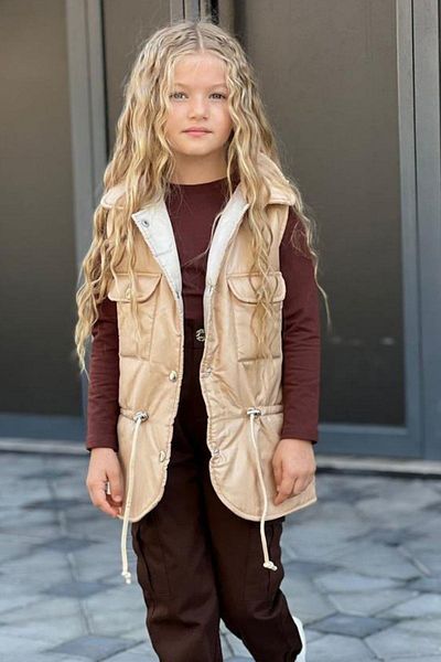 Riccotarz Girl's Beige Bottom Top Set with Inflatable Vest and Cargo Pocket Trousers