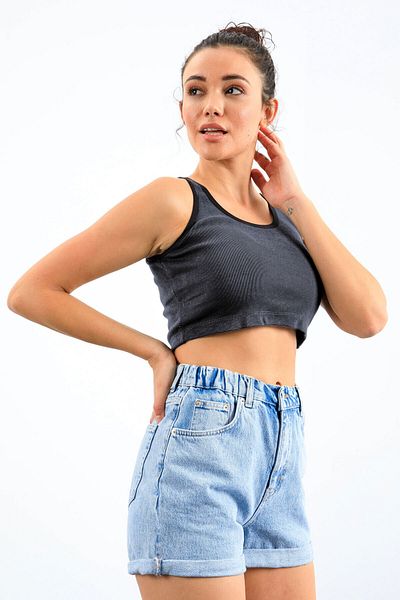 TOMMY LIFE Top crop pentru femei, cu decolteu în U, albastru bleumarin Melange - mânecă zero, maioț strâns - 97162