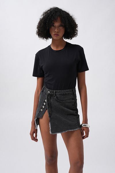 Black Fashion Fusta neagră din denim asimetrică cu detaliu de nasturi