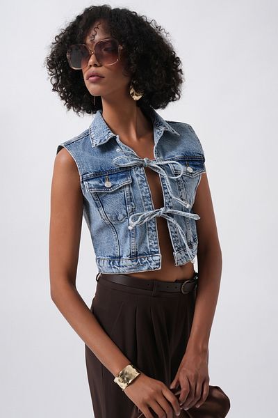 Black Fashion Lacing Detail Denim Blue Vest