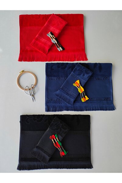 sarra Sarra 50x90 Темна етампіна рушник - з бахромою, червоний