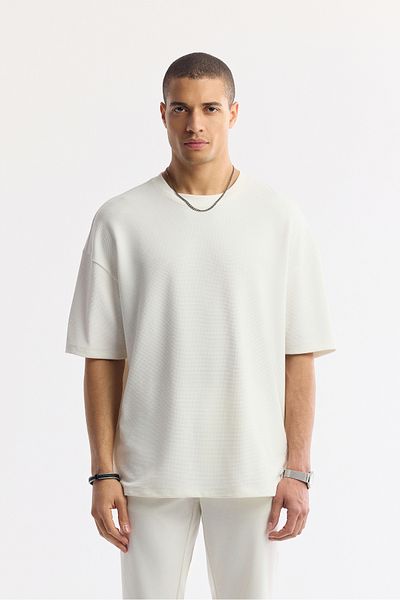 Avva Tricou alb pentru bărbați, cu decolteu rotund, oversize, jacquard A51y1091