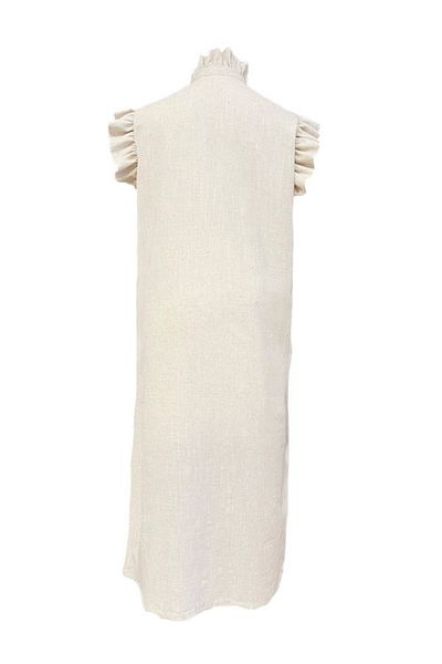 SOLOBUY Linen Dress, Light Beige, Cotton Lining, Ruffle Collar, Slits, Loose Fit, Ruffle Sleeves