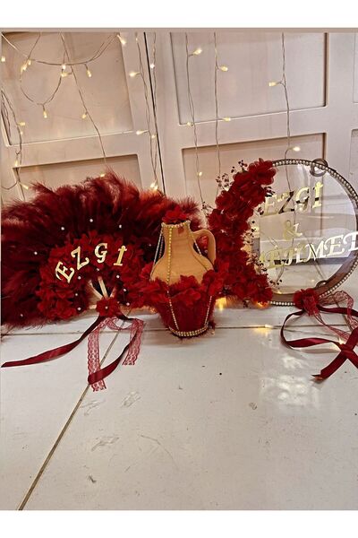 Kınasepeti Bordo Gelin Def,Testi, Yelpaze kına düğün Gelin 3'lü set