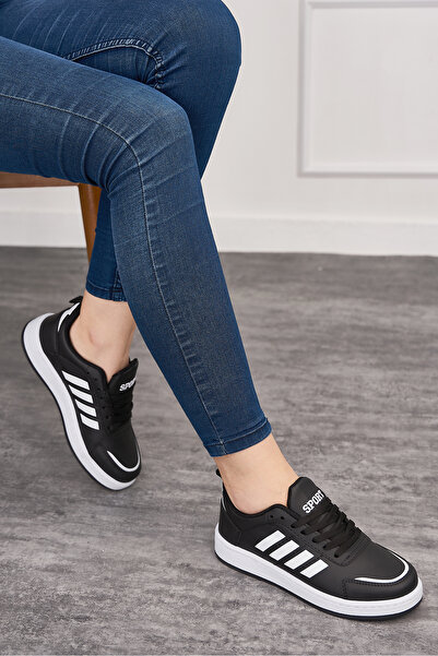 İmerShoes Ασπρόμαυρο Unisex Sneaker - με κορδόνια και άνετη οδοντωτή σόλα, λεπτομέρεια ρίγες St-331