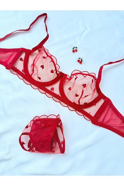 İNKO İÇ GİYİM Red Heart Underwire Uncovered Tulle Bra Set (Bra Tanga)