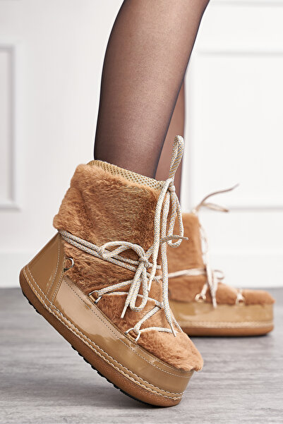 Allyup Günlük Kadın Kahve Kar Botu Kürklü Bağcıklı Anne Kız Rahat Astarlı Kal...