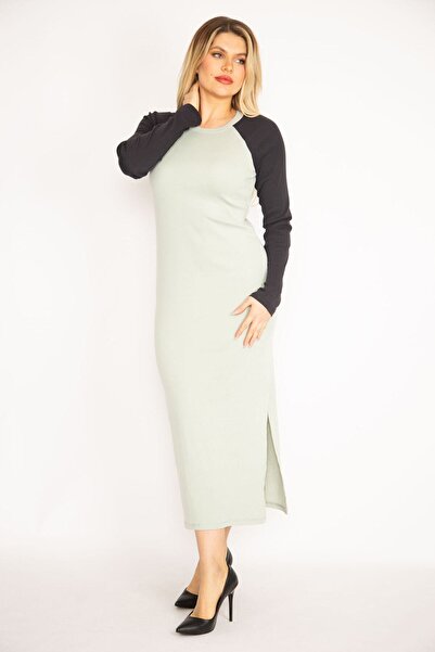 Şans Tekstil Women's Green Sleeve Detailed Long Dress 85n7277