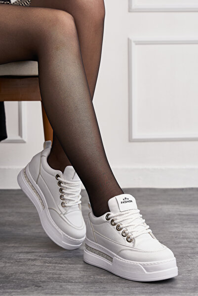 Nstil White Stone Detailed Hidden Thick Heeled Women's Sneakers - Oval Toe Lace up F70