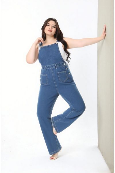 Şans Women's Large Size Navy Blue High Waist 6 Pocket Denim Salopet Jumpsuit 65N38882