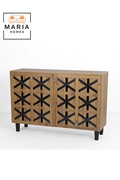 MARIA HOMES Large Rustic Shoe Rack Cabinet with Black Cross Design – 4-Door Wooden Storage Unit for Entryway