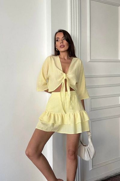 İLKCET MODA Front Tie Linen Shorts Skirt Suit