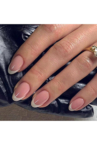 TipsArt Beyaz French Badem Kısa 24’lü Takma Tırnak Seti Ve Zararsız Yapıştırıcı