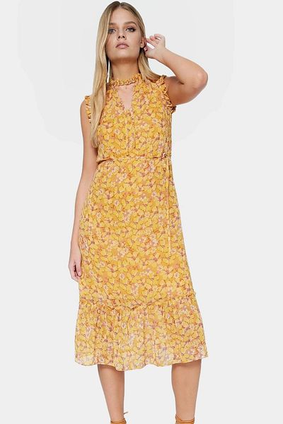 PayBuy Floral Pattern A-Line Midi Chiffon Dress Lined Stand Collar Summer Special Design Comfortable and Stylish