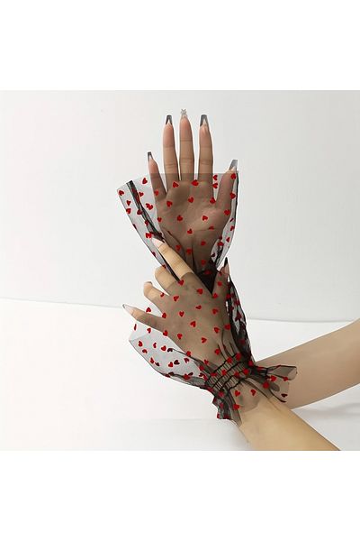 DİLARRA Boutique Black Tulle with Red Heart Bridal Wedding Invited Prom Party Gloves