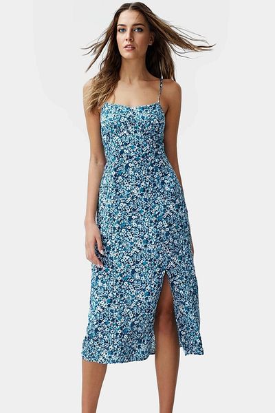 PayBuy Floral Pattern a Line Midi Dress Summer Woven Fabric Comfortable for Daily Wear
