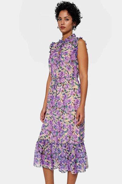 PayBuy Floral Pattern A-Line Midi Chiffon Dress Lined Stand Collar Summer Special Design Comfortable and Stylish