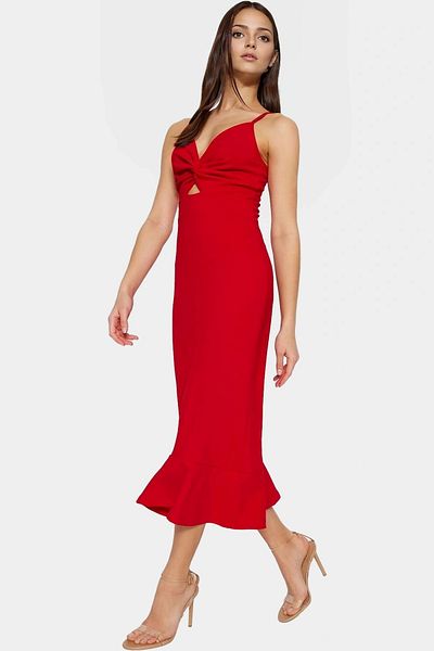 PayBuy Midi Length Knitted Crepe Dress V-Neck Cut Out Detail Durable Material Professional Appearance Comfortable and Stylish