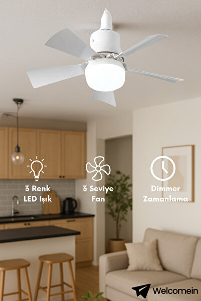 welcomein 5 Kanatlı LED Işıklı Tavan Vantilatörü – Sessiz Çalışan, Uzaktan Kumandalı, Modern Beyaz Tasarım