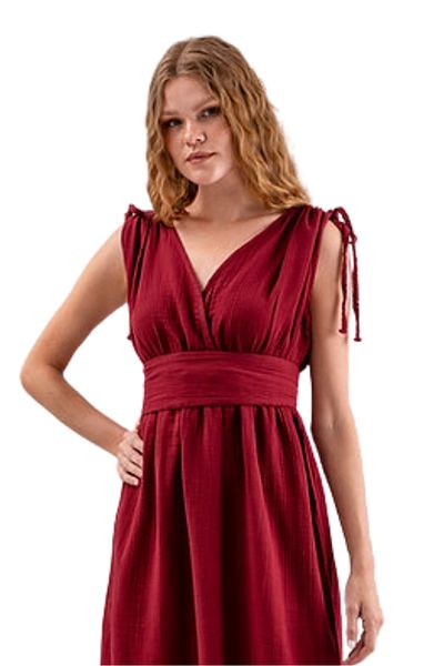 cottony.store Φόρεμα Muslin, Καλοκαιρινό Φόρεμα, Φόρεμα Bohemian με λουράκι, Φόρεμα με λεπτομέρεια με ζώνη στο πλάι μπορντό