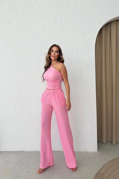 MOZENA One Shoulder Seersucker Blouse Pants Set