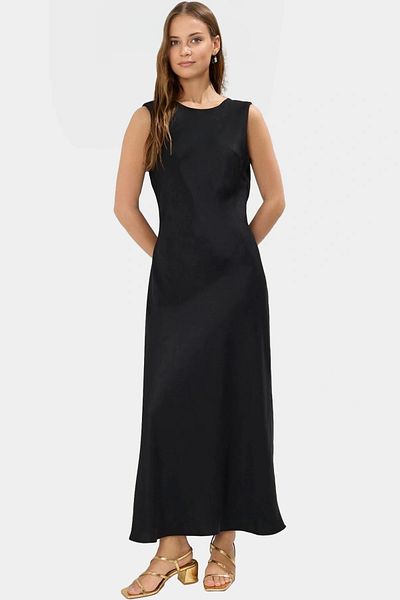 PayBuy Satin Maxi Dress Woven Fabric Boat Neck Straight Cut Summer Professional Appearance Comfortable Use