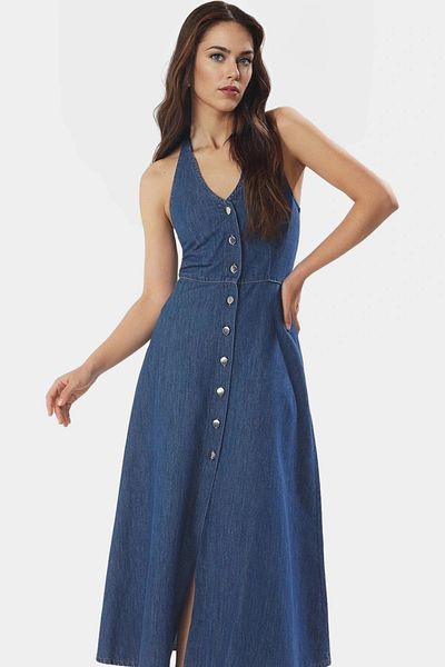 PayBuy Maxi Denim Dress Halter Neckline Flounced 100 Cotton Casual Stylish Comfortable Use Professional Look