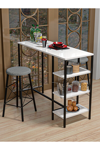 Retodesign RETODESİGN BEYAZ RAFLI YUVARLAK TABURELİ BAR TAKIMI 4651A