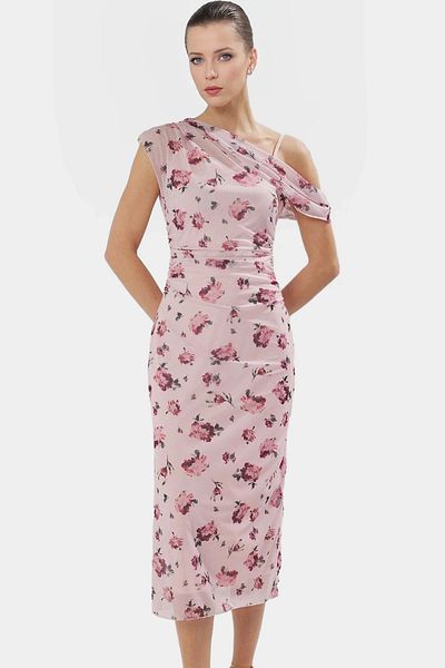 PayBuy Asymmetrical Collar Floral Pattern Midi Tulle Dress Polyester Elastane Quality Craftsmanship Custom Design