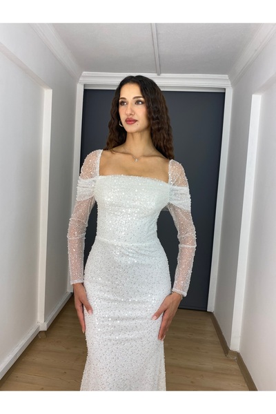 gökkuşagı moda Beyaz Madonna Yaka Sırtı Bağlamalı Balık Uzun Abiye Elbise