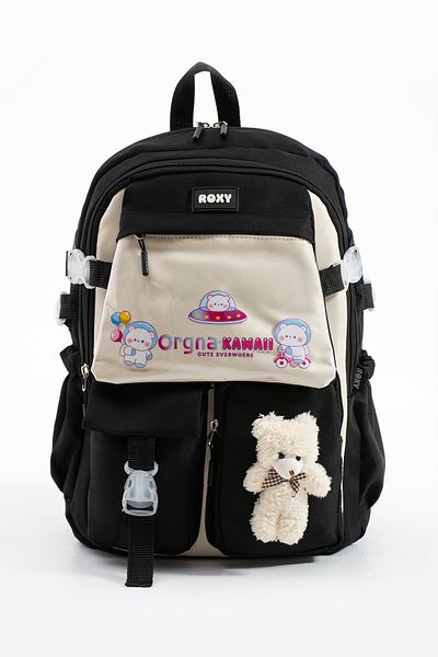 Roxy Black Kawaii Korean Style Multi-Compartment Children's School Bag with Teddy Bear Accessories