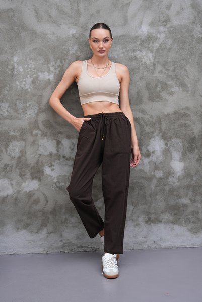 BigBrossBoutique Brown Women's Cotton Linen Blend Comfortable Fit Pants