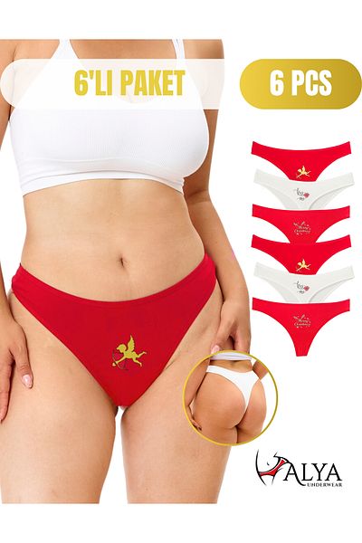 ALYA UNDERWEAR Printed Thong Panties, Red String 6 Pack