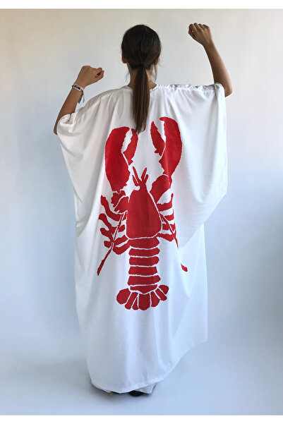 Hello Stranger Istakoz Yengeç Desenli Uzun Beyaz Keten Kimono – Unisex Kaftan...