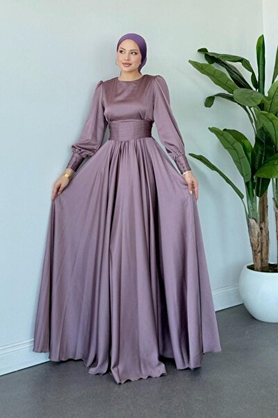 Şulemoda Giyim Rochie de seară maxi hijab cu detaliu plisat la talie Dusty Rose