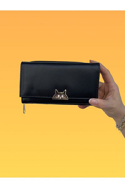 shiny ever Women's Wallet Black Gold Cat Detailed
