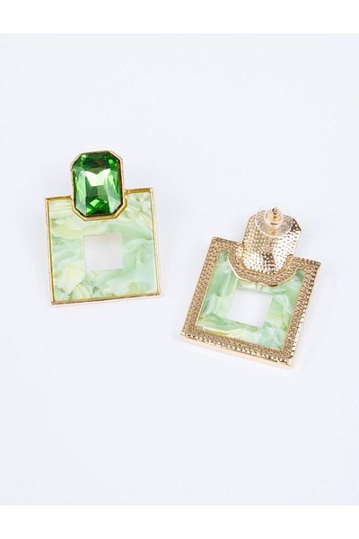 Jimmy Key Green Square Figured Shiny Stone Detailed Earrings