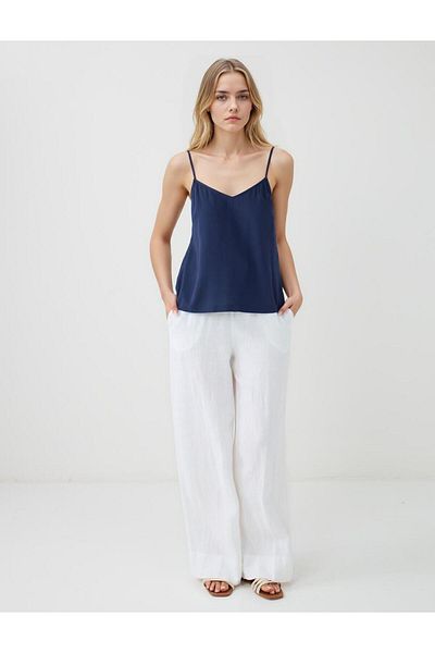 Jimmy Key Navy Blue Straight Cut Strap V-Neck Woven Blouse