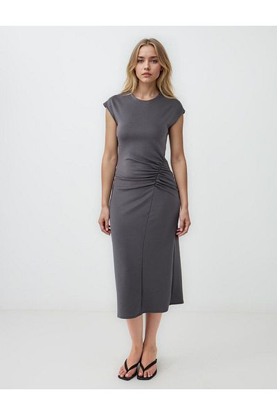 Jimmy Key Anthracite Crew Neck Gathered Waist Short Sleeve Long Dress