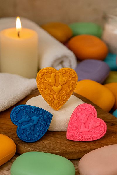 FANTASTİK SANAT ATÖLYESİ Bird Heart Rose Motif Soap Set (Piece of 3) |   Aromatic Oil 6 cm Heart Soaps |   Decorative Gift