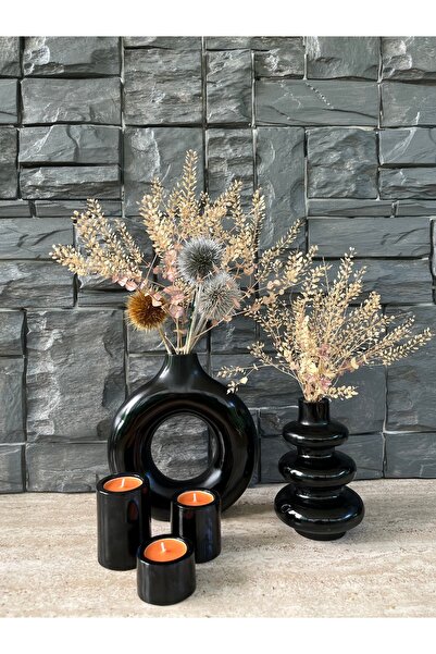 ERGİNCİ HOME Bohem Tarz PARLAK SİYAH 3 lü set 2 vazo 3 mumluk 5 parça Hediyel...