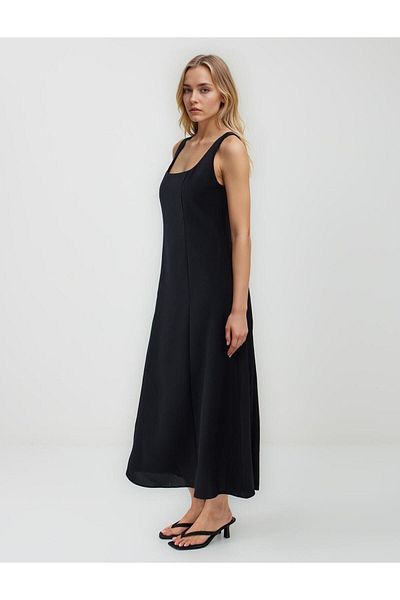 Jimmy Key Black Straight Cut Strap Square Neck Woven Midi Dress