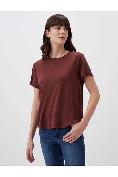 Jimmy Key Brown Straight Cut Crew Neck Short Sleeve Basic T-Shirt