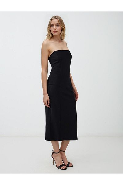 Jimmy Key Black Slim Fit Strapless Midi Knitted Dress