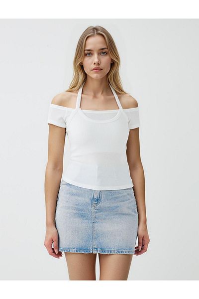 Jimmy Key White Slim Fit Open Collar Knitted Blouse