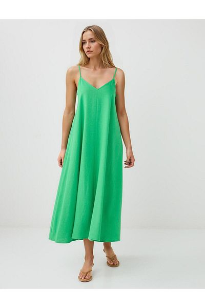 Jimmy Key Green Strap V-Neck Linen Blend Midi Dress