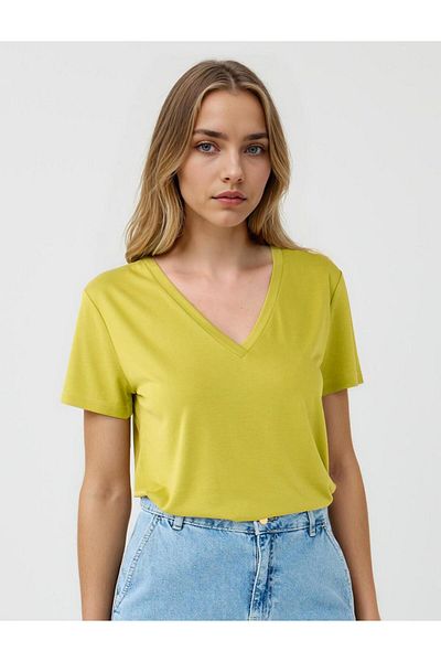 Jimmy Key Light Green V-Neck Short Sleeve Knitted Modal T-Shirt