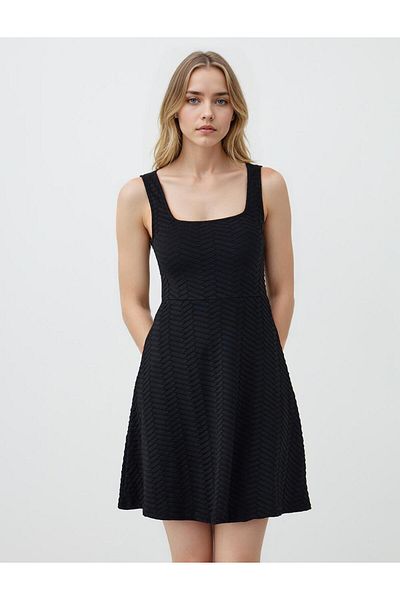 Jimmy Key Black Slim Fit Square Neck Strap Mini Dress
