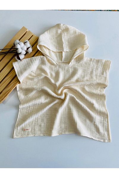 GÜNEŞ KİDS Organic 100% Cotton Muslin Hooded Beach Kids Baby Poncho Bathrobe Bath Towel